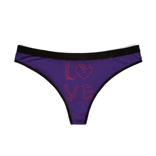 Elegant purple women's thong showcasing an artistic representation of love, ideal for adding humour and charm to intimate apparel.