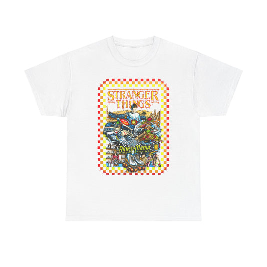 Premium unisex white t-shirt adorned with an eye-catching 'Stranger Things Rink O Mania' graphic, embodying a blend of humour and vintage charm.