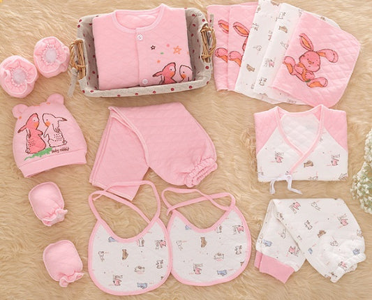 Charming Cotton Multi-Piece Padded Baby Clothes Set displaying the adorable Thickened Radish Rabbit pattern in pink, beautifully presented with a variety of items for newborns from Dazzling Dreams Studio.