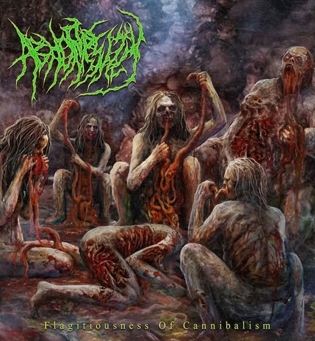 Abhorrently Flagitiousness of Cannibalism CD cover art by Rancid Offal Records, featuring intricate and dark artwork that embodies the essence of brutal death metal.