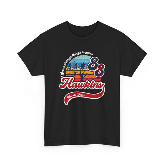 Stranger Things Funny men's women's Graphic T-Shirt Urban Unisex Cotton emphasizing the nostalgic 1980s theme with bold lettering, a whimsical sunburst design, and playful imagery of bicycles, presented on a high-quality black tee.