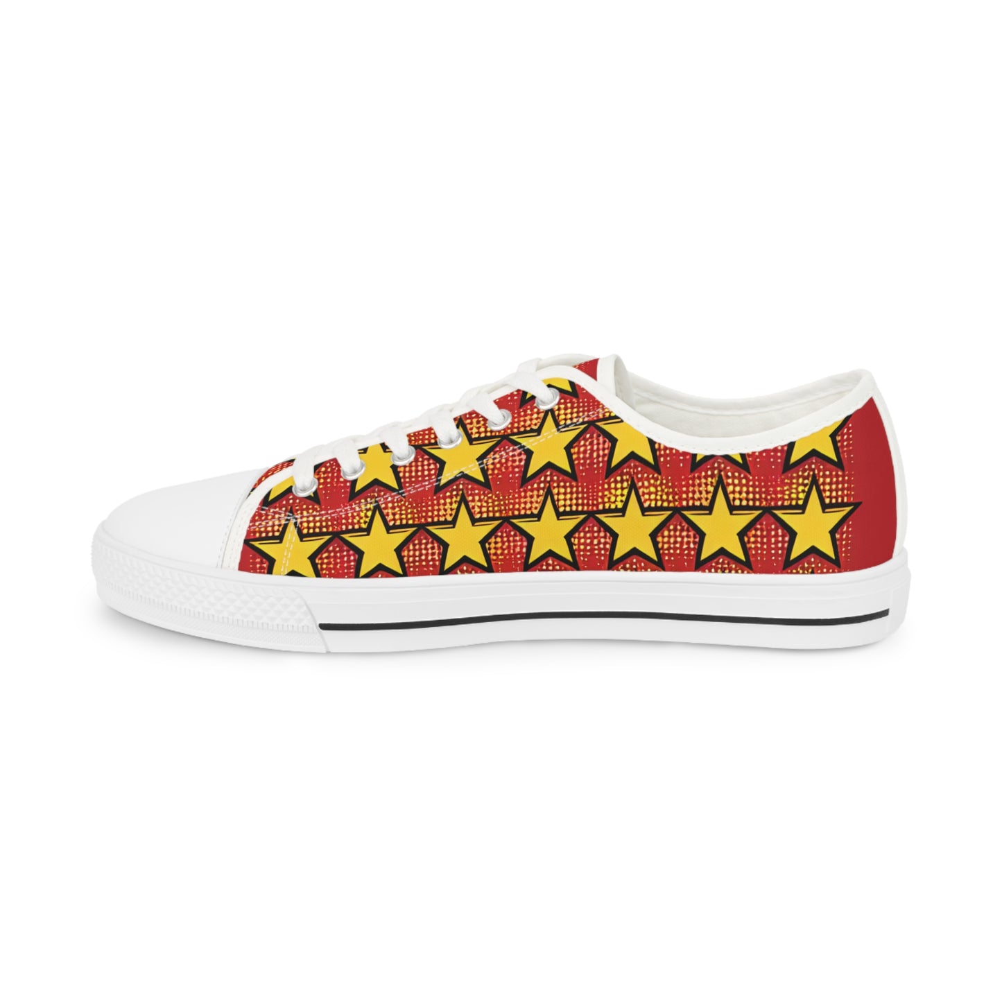 Side profile of Zara Boltstrike Men's Lowtop Sneakers, displaying a striking pop art star pattern in vivid red and yellow, embodying luxury and creativity.
