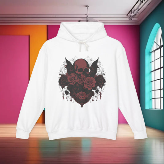Unisex Lightweight Hooded Sweatshirt featuring a striking skull and roses graphic, presented in a luxurious white colour, displayed in a contemporary indoor space.
