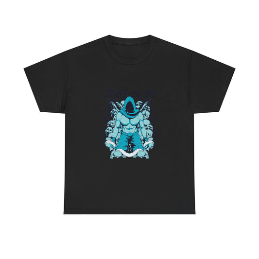 FIGHT OR DIE Muscular Graphic Men's T-Shirt featuring dynamic color contrast between turquoise and dark navy-blue, designed for fitness enthusiasts and bold individuals who embrace their fierce attitude.