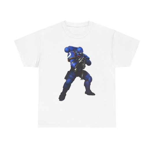 Stylish graphic tee showcasing a blue-armoured Space Marine illustration, ideal for comfortable yet fashionable urban attire.