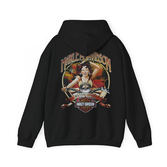 Harley-Davidson vintage pin-up illustration hoodie in black, showcasing a stylish lady on a bike, complemented by the iconic logo on the back.