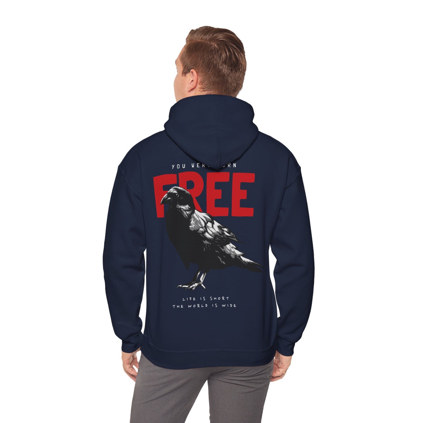 Elegant navy hoodie featuring a striking raven graphic on the back, accompanied by bold red lettering that reads 'YOU WERE BORN FREE'. This luxurious piece showcases an artistic design, perfect for those who appreciate style and individuality.