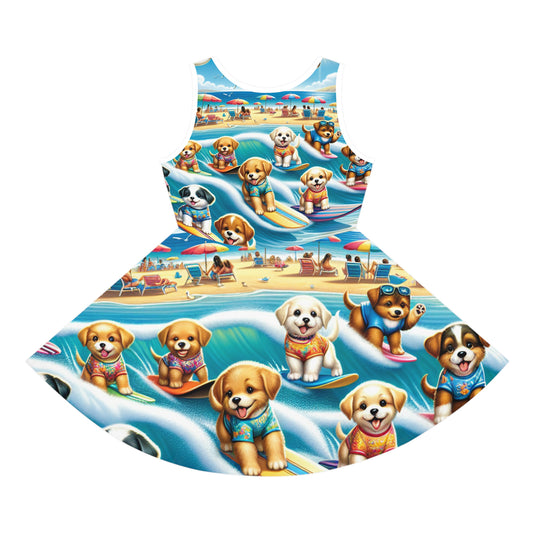 Isabella Charmeuse Girls Sundress by Dazzling Dreams Studio featuring a vibrant puppy surfing print, perfect for stylish summer outings.