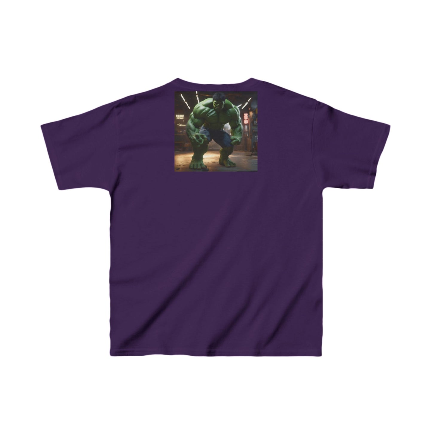 Kids Incredible Hulk Heavy Duty T-Shirt in Elegant Purple - Featuring a remarkable Hulk image on the back, designed for future heroes.