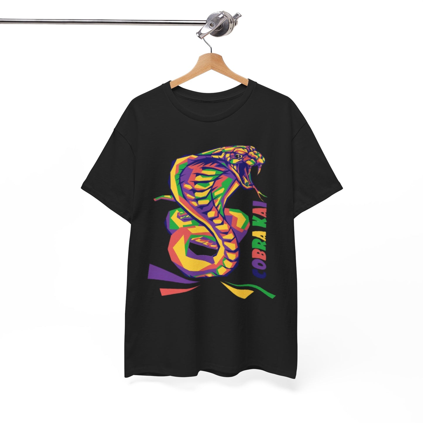 A black Cobra Kai graphic T-shirt elegantly displayed on a wooden hanger, highlighting the vibrant snake design and luxurious fabric texture.