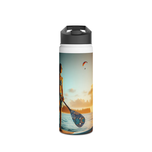 Luxury Fantasy Paddleboarding Stainless Steel Water Bottle featuring a stylish design, perfect for paddleboarding enthusiasts, with a scenic sunset backdrop.