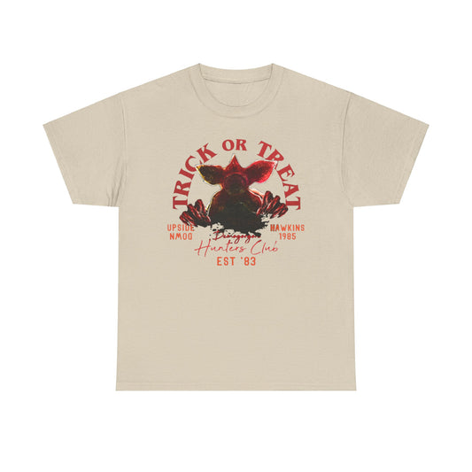 Stylish unisex t-shirt showcasing an eye-catching Demogorgon illustration with bold lettering that reads 'TRICK OR TREAT,' capturing the essence of Stranger Things and ideal for casual or themed events.