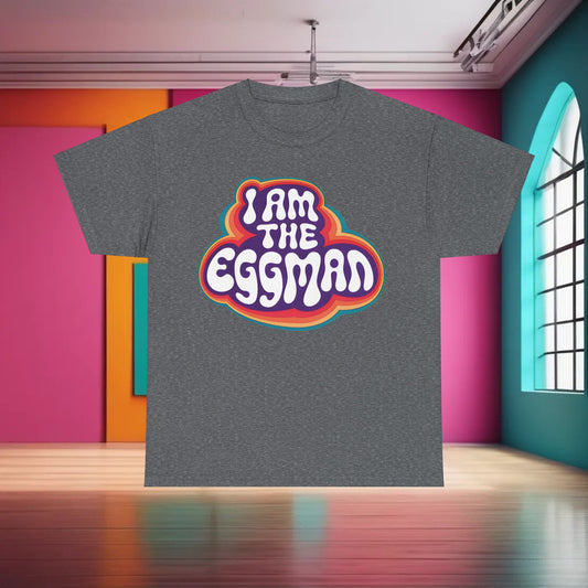 Elegant I Am The Eggman Graphic T-Shirt in Grey - Urban Unisex Cotton Tee showcasing a bold graphic print, ideal for art and pop culture enthusiasts.
