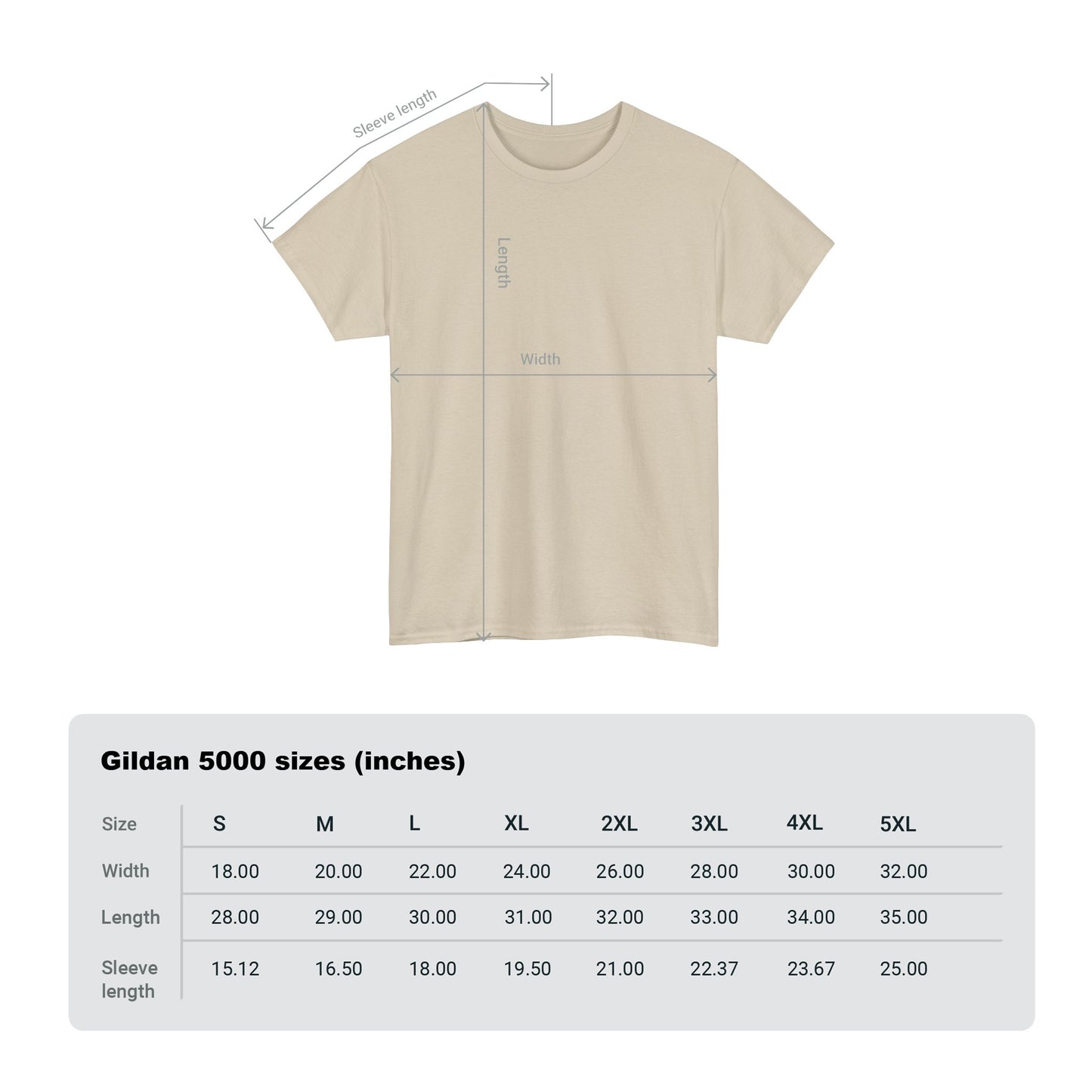 Detailed graphic of a beige t-shirt showcasing precise measurements and sizing information, perfect for discerning customers seeking the ideal fit.