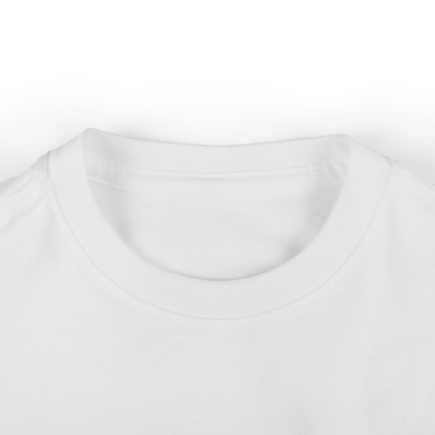 Close-up of the neckline of a luxurious Unisex Baby's Computer Game Graphic Tee T-shirt, designed for ages 6 months to 2 years.