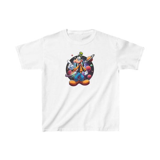 Childs Cosmic Goofy Unisex Graphic Tee Shirt Kids in white, showcasing a fun Cosmic Goofy design ideal for sparking imagination in children.