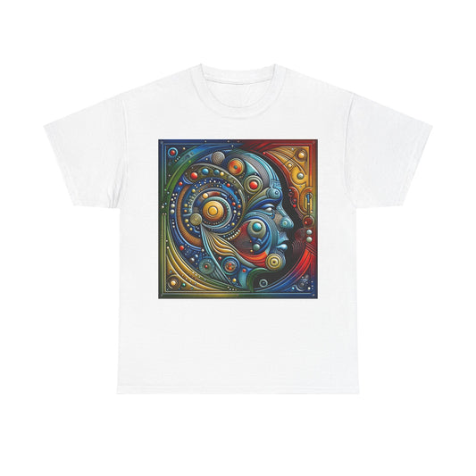 Stained Glass Dreams Unisex T-Shirt displayed in white, showcasing a striking abstract design with rich colors, blending elegance with creativity.