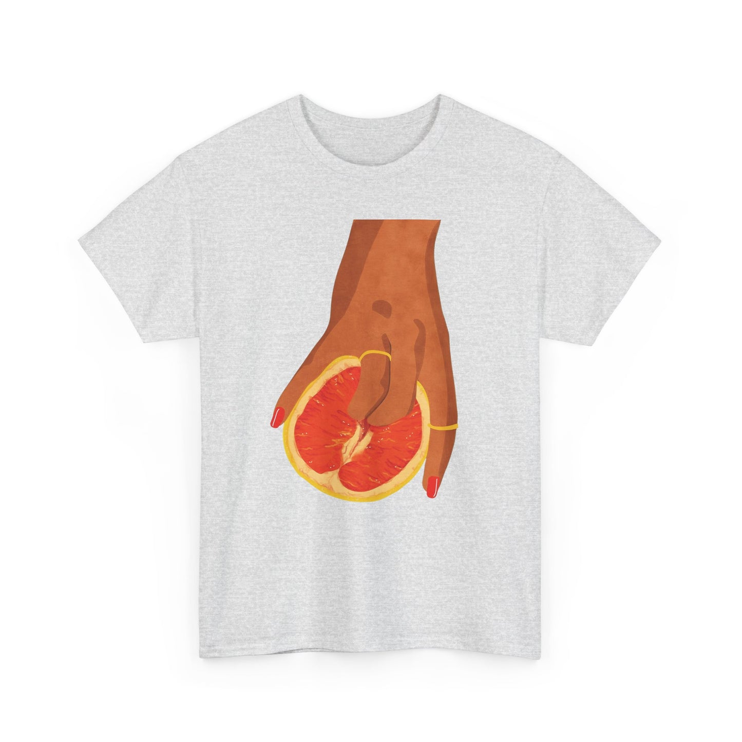 Vibrant Grapefruit Women's Graphic T-Shirt in soft grey, featuring a striking visual of a hand grasping a grapefruit slice, a statement piece that combines artistry with sophistication.