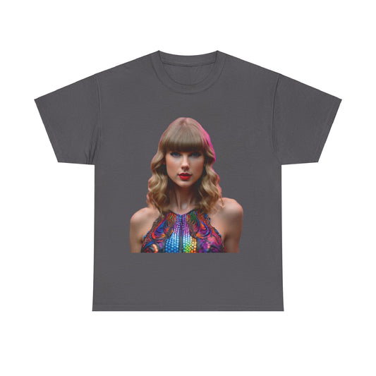 Chic grey Swifties psychedelic Taylor Swift heavy cotton tee displaying a striking psychedelic image of Taylor Swift, ideal for fashionable fans.