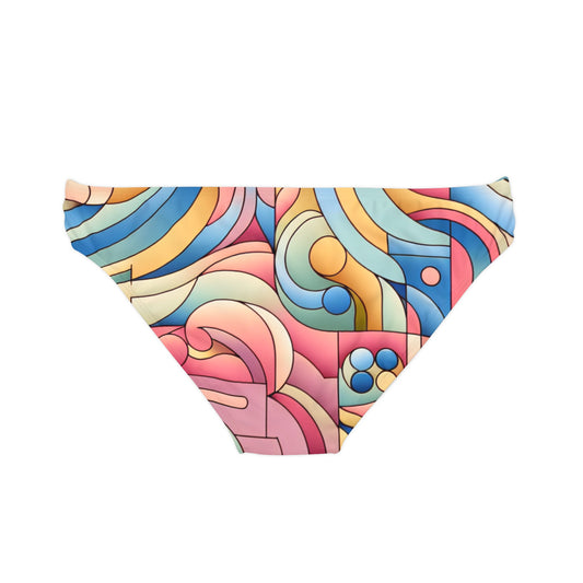 Elegant Pastel Pink Abstract Tie Side Bikini Bottom showcasing a unique abstract pattern, part of the Energetic Move Women's Swimwear Collection, perfect for making a fashion statement by the pool.