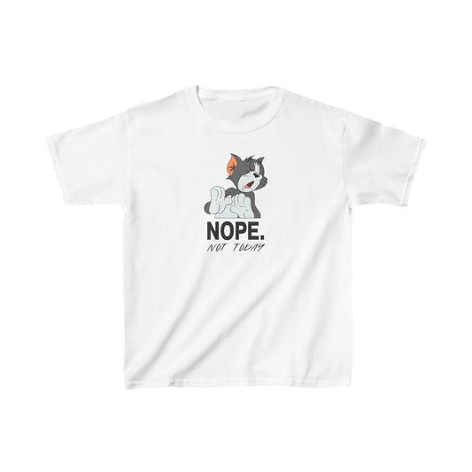 Elegant unisex kids' graphic tee shirt showcasing Tom from Tom & Jerry with a charming ‘NOPE. NOT TODAY’ print on a pristine white background, perfect for effortless chic style.