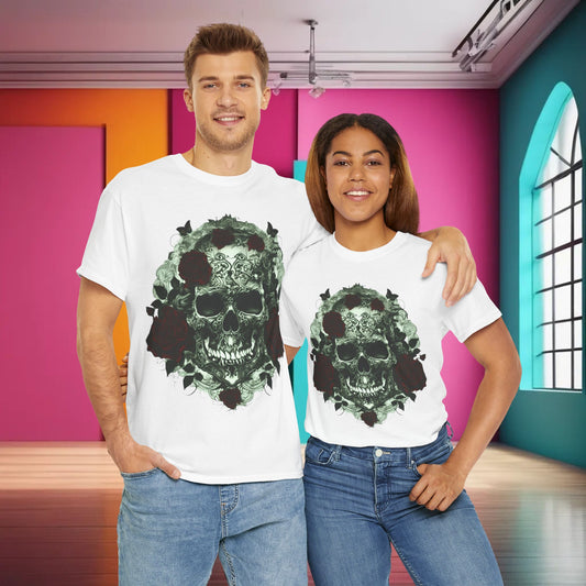 Skulls and Roses Cotton Tee on a couple, showcasing a striking skull and rose graphic. Luxurious unisex t-shirt option with multiple colour choices.