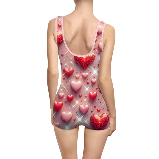 Luxury Women's Vintage Glittering Hearts Swimsuit featuring a pastel pink abstract design, displayed from the back, highlighting the exquisite glittering hearts detailing.