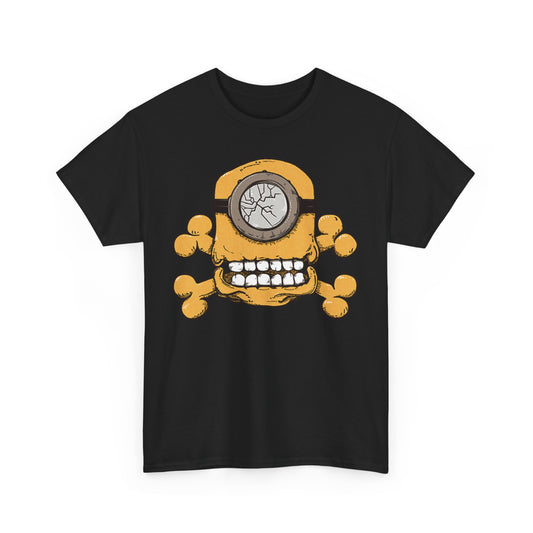 Minion Skull Unisex Men's Women's Graphic T Shirt Tee featuring a playful skull design with oversized glasses, perfect for fans of funny Minion-themed apparel. T Shirt, Funny, Minions.