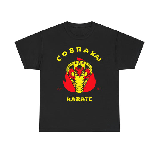 Elegant black graphic T-shirt featuring the iconic Cobra Kai karate emblem in vibrant yellow and red for a stylish nod to martial arts.