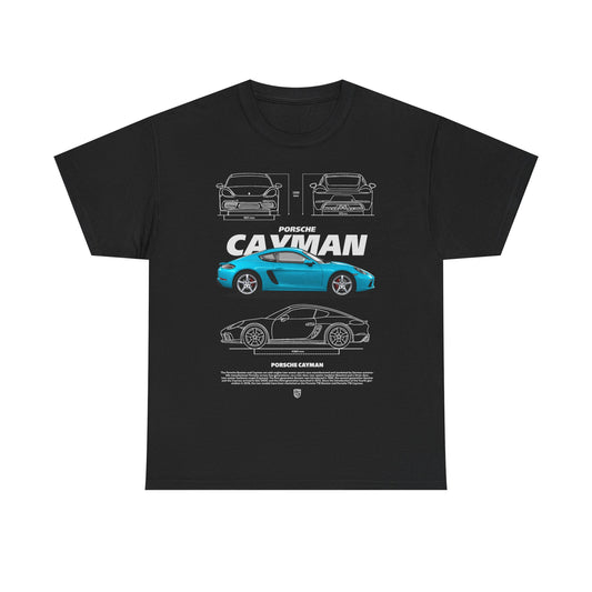 Elegant black t-shirt showcasing a striking Porsche Cayman graphic design, with intricate illustrations and historical details, perfect for automotive aficionados.