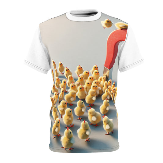 Chick Magnet Graphic Tee showcasing vibrant imagery of baby chicks magnetically attracted, a unique and luxurious statement piece for standout fashion.