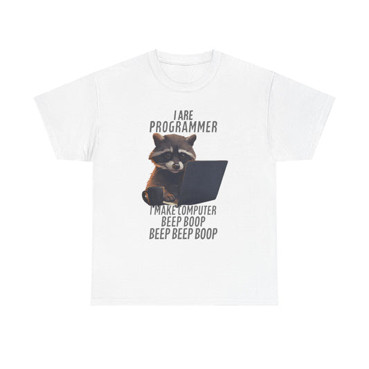 Elegant Funny Raccoon Programmer T-Shirt with charming raccoon graphic and humorous quote 'I Make Computer Beep Boop Beep Beep Boop' for stylish coders.