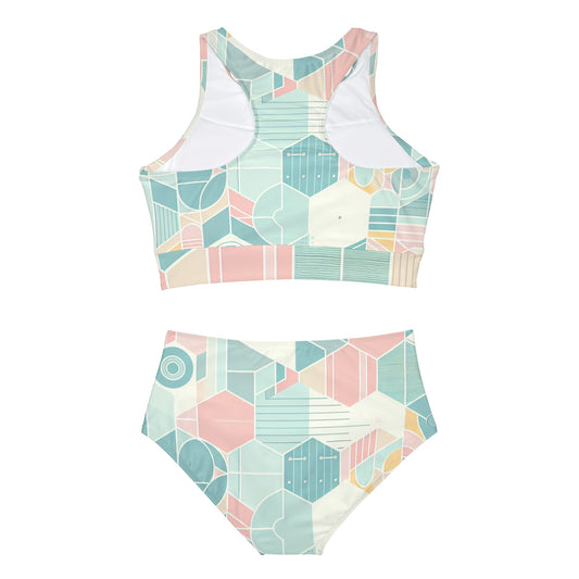 Back view of the Sweat Symphony: Harmonizing Symphony Sporty Bikini Set, highlighting its elegant geometric print and high-waisted bottom for a chic swimwear look.