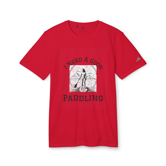 Adidas Women's Eco-Friendly Paddleboarders T-Shirt in Vibrant Red, showcasing an eye-catching print of a paddleboarder, ideal for eco-conscious paddlers.