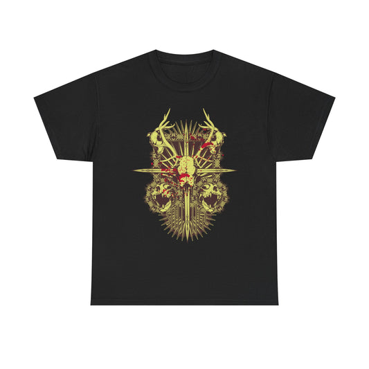 Men's artistic skull t-shirt in black featuring a celestial emblem with antlers and intricate skull details, designed for stylish and adventurous individuals.