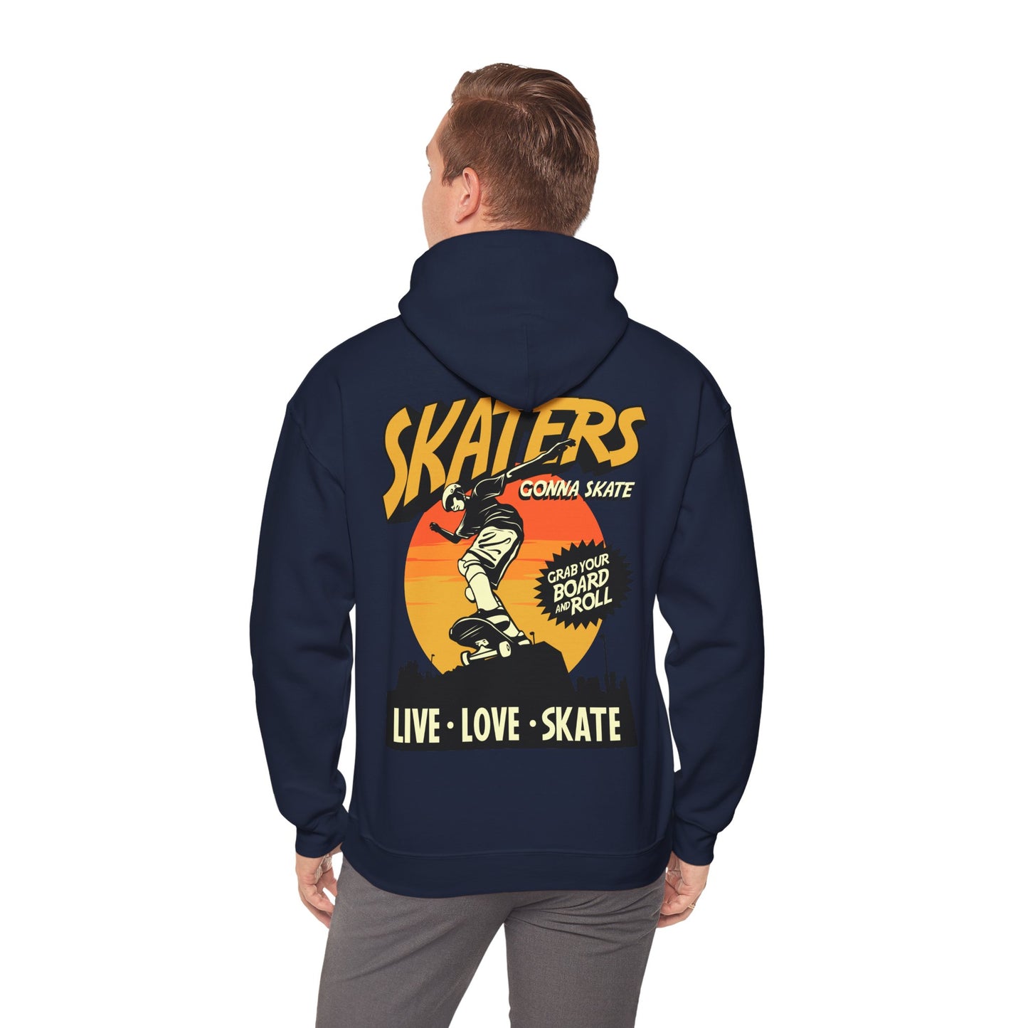 Dynamic back view of a luxurious navy hoodie featuring the bold text 'SKATERS GONNA SKATE' and a vibrant sunset graphic, showcasing a skateboarder mid-trick. The design includes motivational phrases 'GRAB YOUR BOARD AND ROLL' and 'LIVE · LOVE · SKATE', embodying the essence of skate culture and urban style.