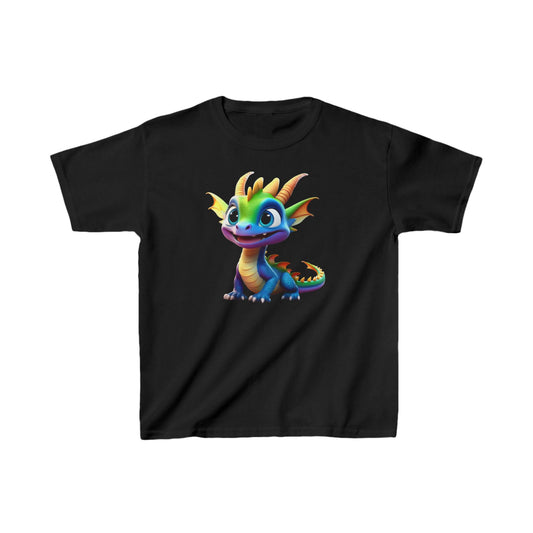 Kids Cute Dragon T-shirt in black showcasing a charming dragon illustration, an exquisite choice for any young adventurer's wardrobe.