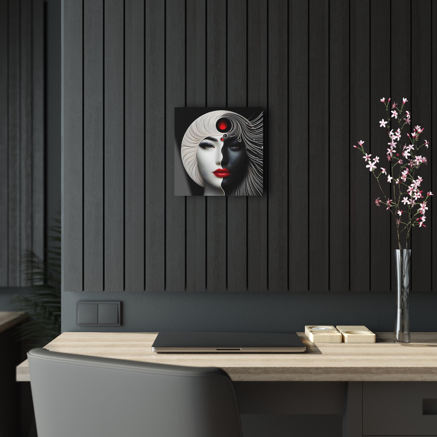 Sophisticated interior display of the Yin-Yang Acrylic Art Print in a stylish setting, illustrating the art piece as a focal point in contemporary decor.
