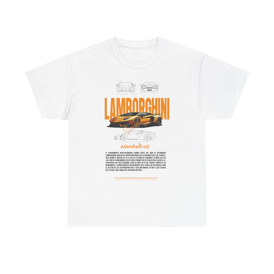 Elegant white Lamborghini Aventador graphic t-shirt, showcasing striking orange accents and detailed car illustrations, ideal for showcasing passion for luxury cars.