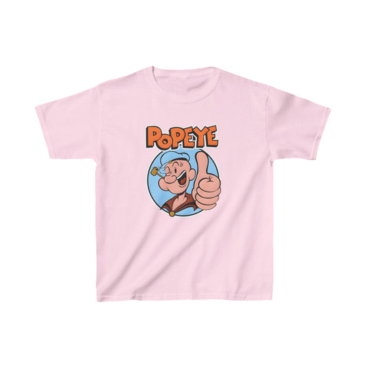 Unisex Kids Popeye Cotton T Shirt Tee in pastel pink, featuring a vibrant graphic of Popeye with a thumbs-up, perfect for stylish young adventurers.