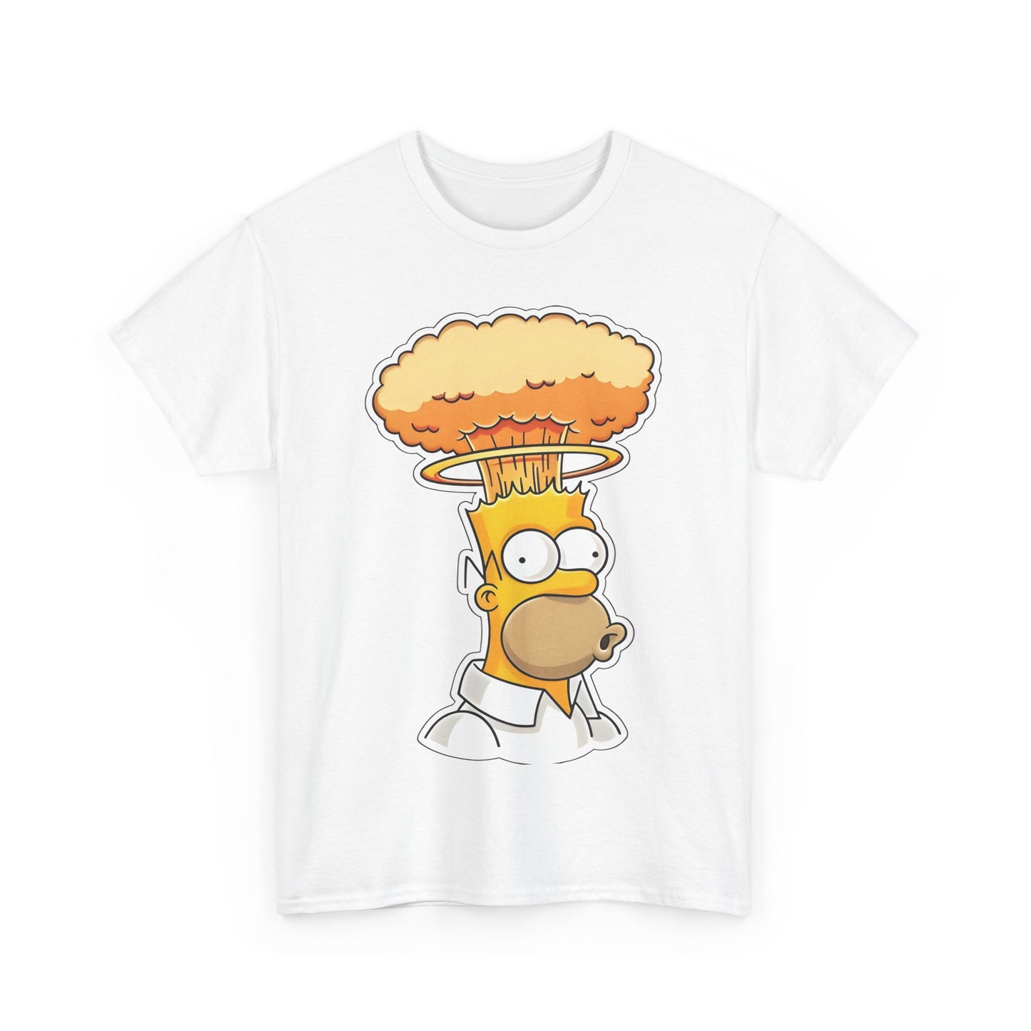 Chic white Homer Mind Blown Graphic T-Shirt displaying a bold design of Homer Simpson amidst a nuclear mushroom cloud, perfect for contemporary fashion enthusiasts.