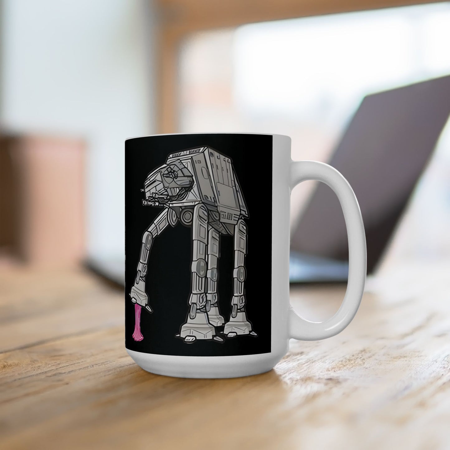 The Rebel Gum Star Wars Heat Changing AT-AT Coffee Mug on a wooden desk, providing a stylish touch to any workspace with its creative design.