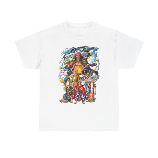 Elegant Epic 1 Piece Adventure Men's T-Shirt in white showcasing intricate anime character designs, ideal for trendsetters looking to elevate their wardrobe.