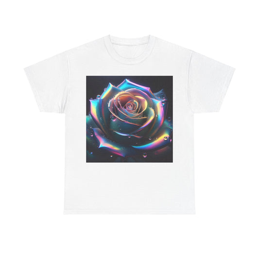Ethereal Rose Tee Unisex Cotton Graphic T Shirt featuring a captivating close-up of an iridescent rose with water droplets on a crisp white backdrop.