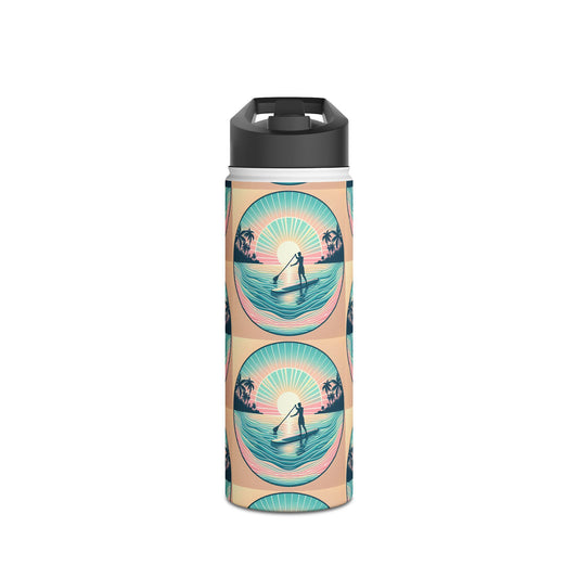 Elegant Fantasy Paddleboarding Stainless Steel Water Bottle showcasing a chic aesthetic with a paddleboarder silhouette and a colourful sunset, ideal for stylish hydration on adventures.
