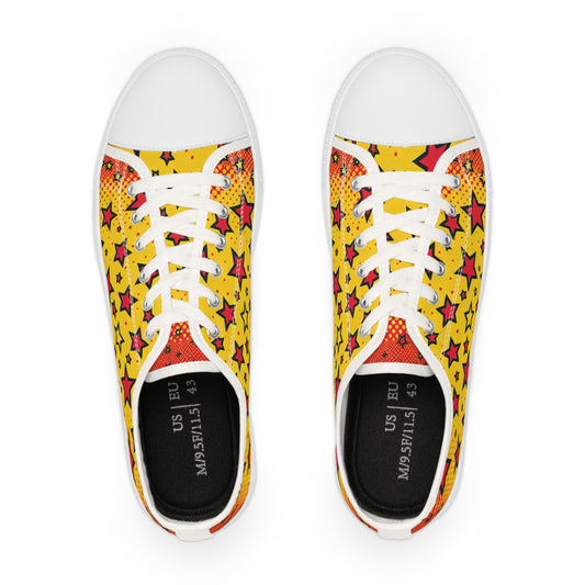 Zara Thunderstrike Lowtop Sneakers for Men featuring a vibrant pop art design with bold red and yellow accents, showcasing star patterns over a striking yellow background.
