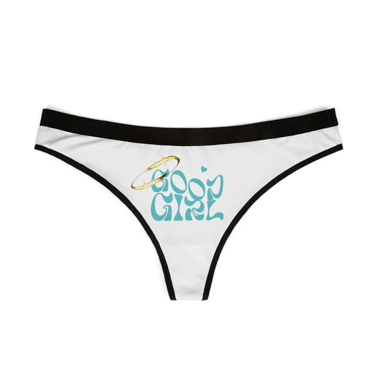 Luxury 'Good Girl' thong panties featuring playful typography and golden halo embellishment on a white fabric, designed for ultimate comfort and style.