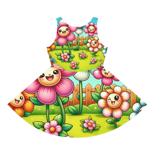 Iris Bloomfield Girls Colourful Floral Sundress with cheerful floral and cartoon designs, exuding elegance and comfort for sunny days, designed by Dazzling Dreams Studio.