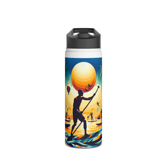 Fantasy Paddleboarding Stainless Steel Water Bottle featuring dynamic artwork of a paddleboarder, ideal for stylish hydration on water excursions.