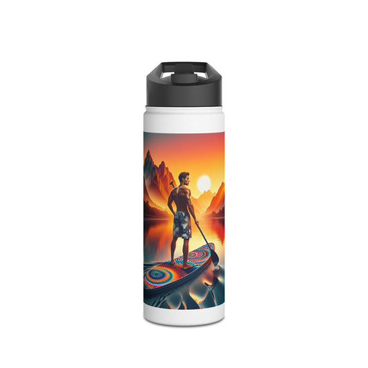 Elegant Fantasy Paddleboarding Stainless Steel Water Bottle featuring a vivid sunset backdrop, depicting a paddleboarder against serene water, perfect for outdoor enthusiasts.